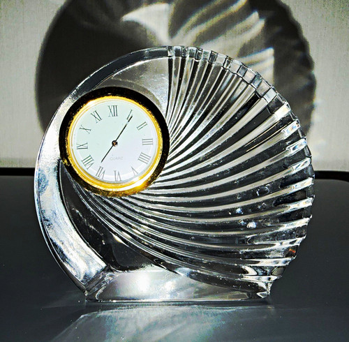 Clear glass round desk - desk, clock